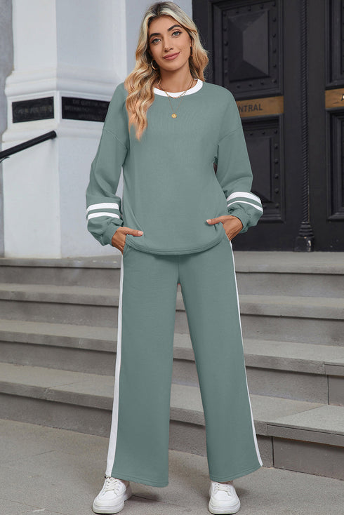 Varsity Stripe Contrast Collar Drop Shoulder Pullover And Drawstring Wide Leg Pant Set